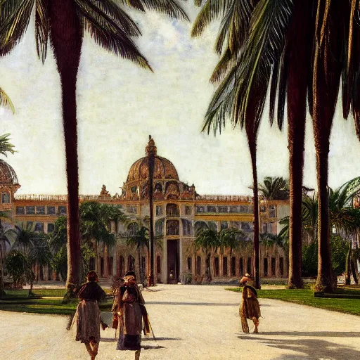 Image similar to a ultradetailed beautiful photo of the amazonas palace designed by jules bastien - lepage, hans belmer, frank weston and gustave baumann, people walking around, trending on artstation, mediterranean, palm trees, light sparkles, sharp focus, soft light, 8 k 4 k