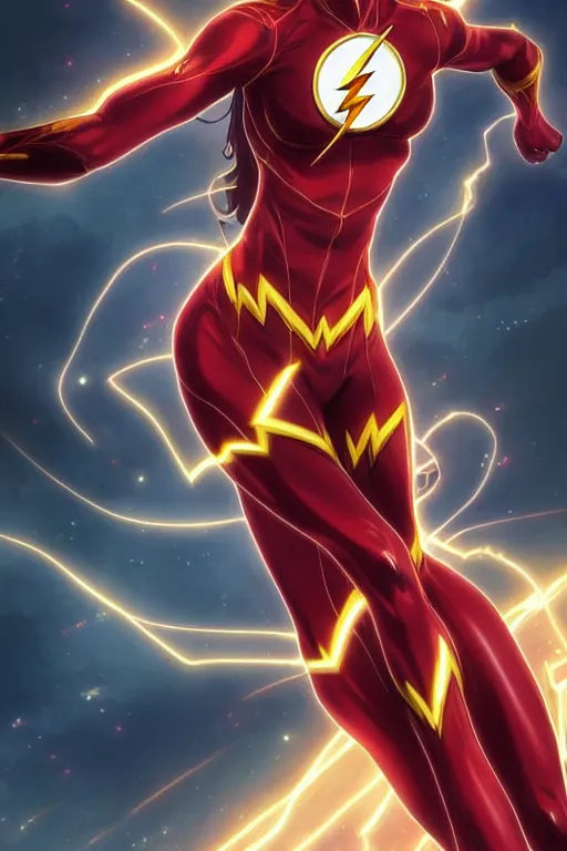 Image similar to anime key visual of a beautiful female the flash!! intricate, red, black, gold suit, powers, speed, lightning hate, dc comics, cinematic, stunning, highly detailed, digital painting, artstation, smooth, hard focus, illustration, art by artgerm and greg rutkowski and alphonse mucha