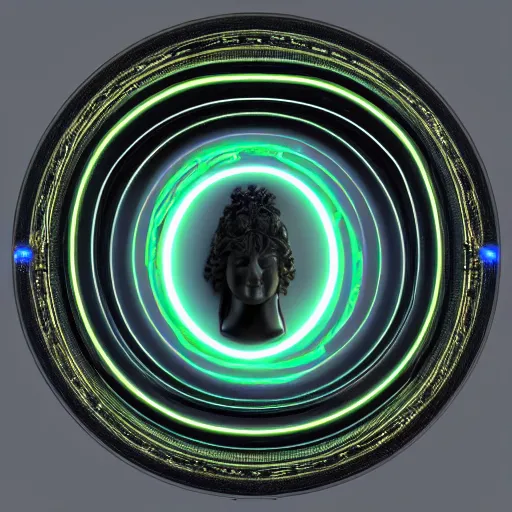 Image similar to a neon circle surrounding the head of a renaissance statue, 3 d render, black background, ray tracing, 8 k resolution, sharp focus, very detailed, hyper realistic