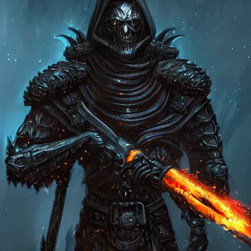 Image similar to a man in black-crystal armor surrounded by flames wielding a battle-axe made of black crystals. ,D&D, sci-fi, elegant, hopeful, muscular, highly detailed, digital painting, artstation, concept art, smooth, sharp focus, illustration