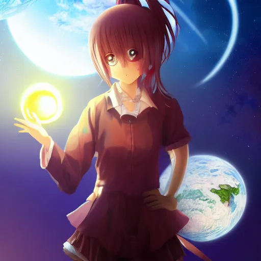 Prompt: An anime girl holding and terraforming a planet on her hands, wide-shot, high detail, 4k, digital art, artstation, 8k, very detailed, 85mm