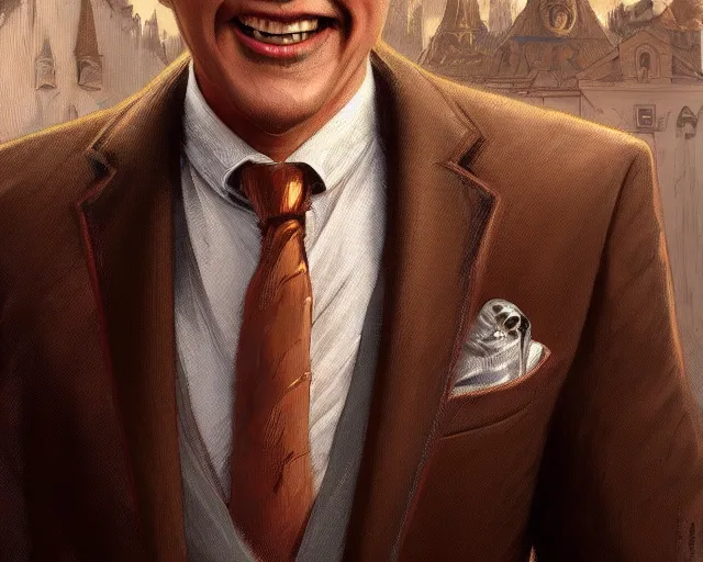 Image similar to close up of ernie sabella smiling wearing a brown suit and necktie, focus, d & d, intricate, elegant, highly detailed, digital painting, artstation, concept art, matte, sharp focus, illustration, hearthstone, art by artgerm and greg rutkowski and alphonse mucha