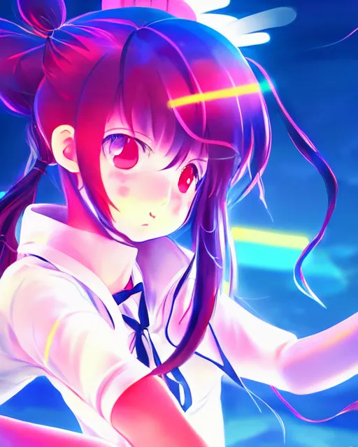 Image similar to anime style, vivid, expressive, full body, 4 k, painting, a cute magical girl with a long wavy hair wearing a sailor outfit, correct proportions, stunning, realistic light and shadow effects, neon lights, studio ghibly makoto shinkai yuji yamaguchi