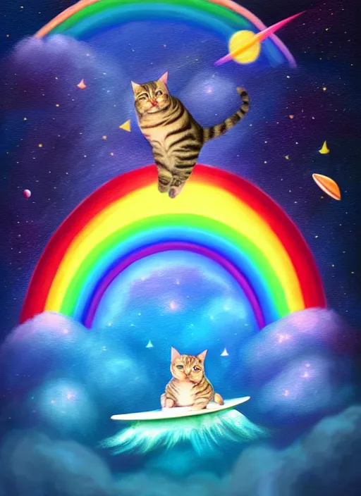 Image similar to a chubby tabby cat surfing on a rainbow in outer space, diffuse lighting, fantasy, intricate, surrealism!!!!, highly detailed, lifelike, photorealistic, digital painting, artstation, illustration, concept art, smooth, sharp focus,