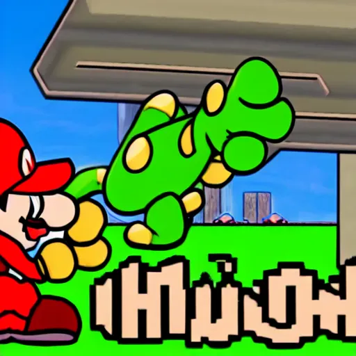 Image similar to a koopa getting killing mario in revenge for jumping on his family