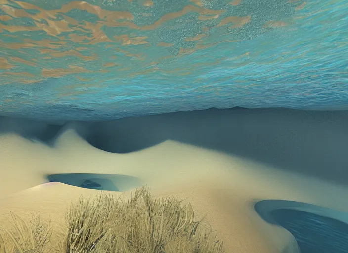 Prompt: an underwater landscape painted by, mc escher, gordon onslow ford, georgia o'keeffe and ippolito caffi, cinematic light, god rays, sand dunes, unreal engine, zbrush central,