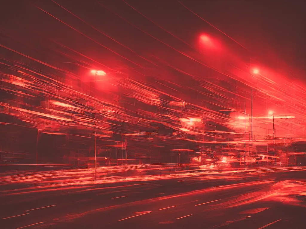 Prompt: “photography of busy intersection, motion blur , fog, red lights, night, mood, atmospheric, full of colour, digital photography”