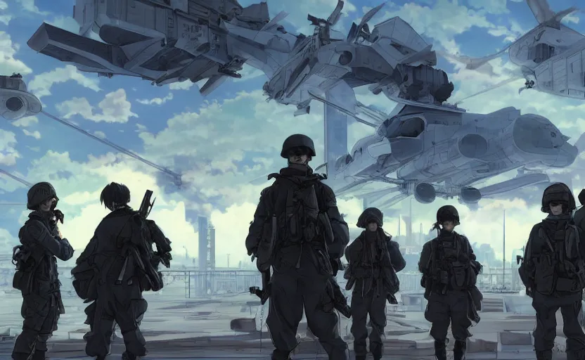 Image similar to anime style, modern warfare, panoramic view, searchlights in background, soldier clothing, hair down, real faces, symmetrical facial features, from arknights, hyper realistic, wallpaper, detailed drawing, trending pixiv, safebooru, volumetric modelling, think in 3 d, by alphonse mucha, greg rutkowski, sharp focus, backlit, mechanized transport