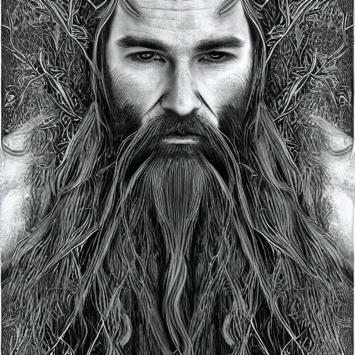 Prompt: bearded male druid gray skin pointy ears with vines as hair detailed fantasy digital art