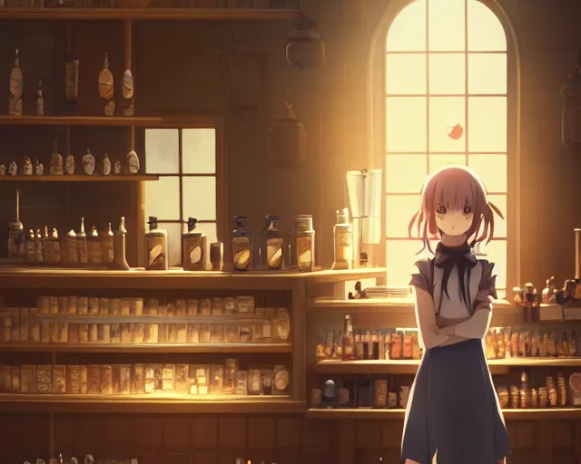 Image similar to anime visual, portrait of a young female traveler in a alchemist's potion shop interior, cute face by yoh yoshinari, katsura masakazu, cinematic luts, cold studio lighting, dynamic pose, dynamic perspective, strong silhouette, anime cels, ilya kuvshinov, cel shaded, crisp and sharp, rounded eyes