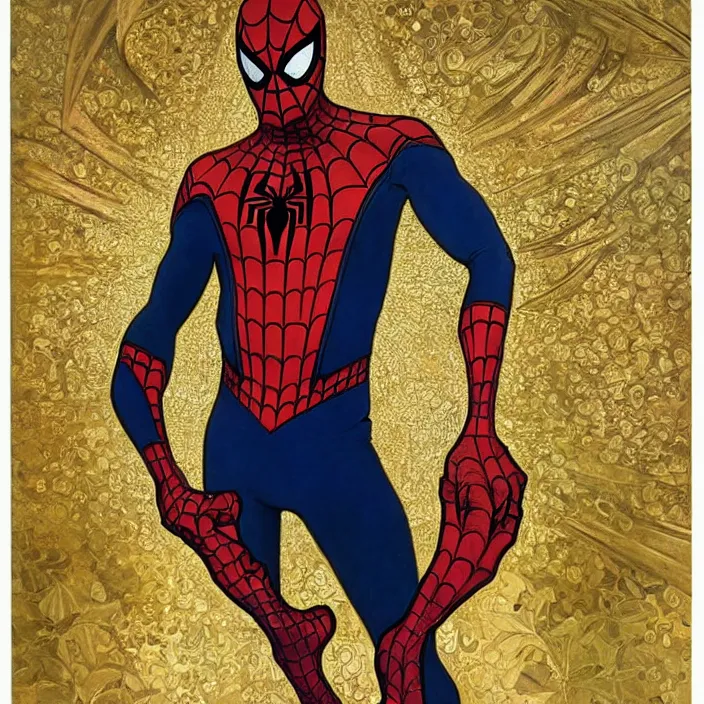 Prompt: A portrait of Spider-man, full-length, oil painting in a renaissance style , very detailed, gold background, painted by Alphonse Mucha.