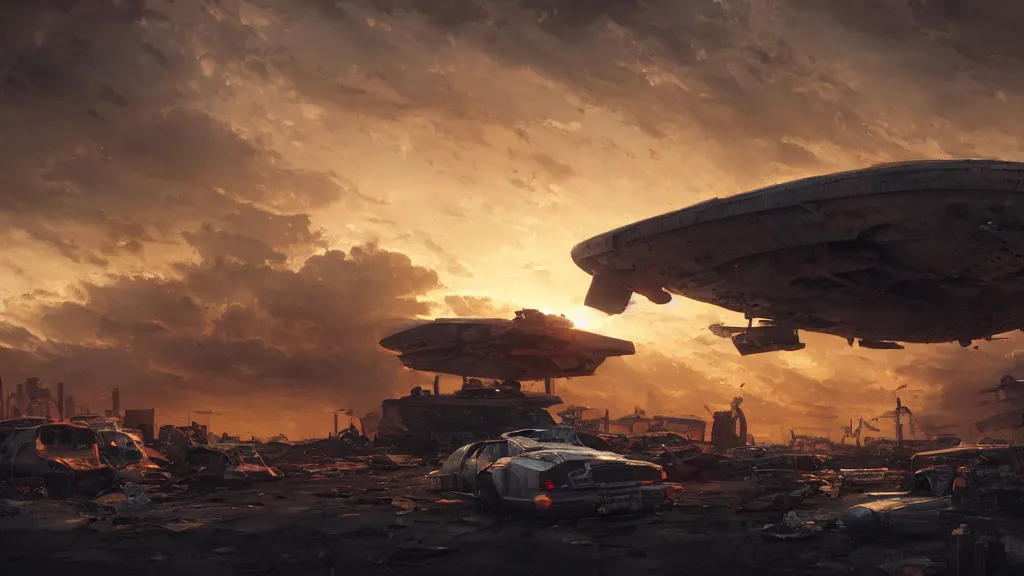 Image similar to a Photorealistic hyperrealistic render of a gigantic spaceship landing at a Junkyard by Greg Rutkowski,Vitaly Bugarov,Stephan Martiniere,Nicolas Bouvier SPARTH,James Paick,dramatic moody sunset lighting,long shadows,Volumetric, cinematic atmosphere, Octane Render,Artstation,8k