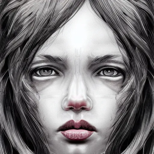 Image similar to a young female face made of fire, line art, award-winning, Artstation