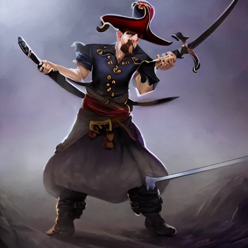 Prompt: Full body shot of pirate Captain wielding a sandstone rapier and sandstone dagger. Wearing a hat with an impressive feather and with a brutal scar across his neck. Dark magic, necromancy, dark lighting, flux. High fantasy, digital painting, HD, 4k, detailed