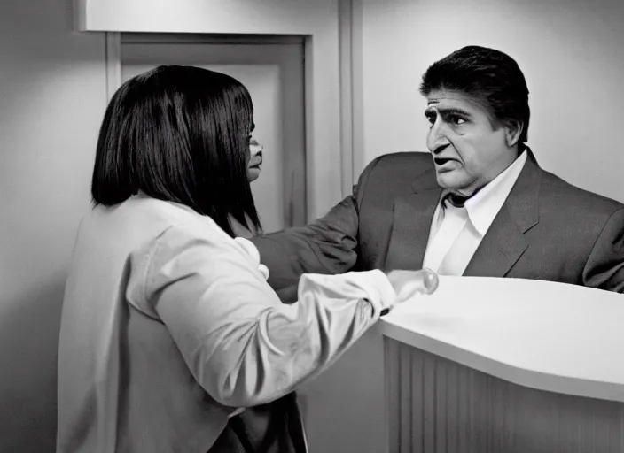 Prompt: cinematic shot of octavia spencer confronts joe manchin in a motel, in the near future, iconic scene from the paranoid thriller sci fi film directed by stanley kubrick, color theory, apartment design, leading lines, photorealistic, volumetric lighting, shot on color kodak stock