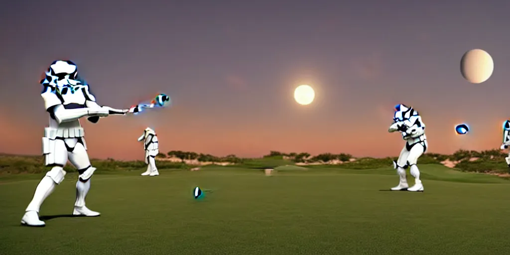 Image similar to stormtroopers playing golf on tatooine with 3 moons in the background, ultra detailed, vivid colors, volumetric lighting, futuristic, sharp focus