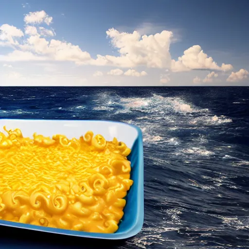 Image similar to On the flat earth, the oceans are prevented from falling off the edge by a giant wall made of macaroni and cheese. Photograph.