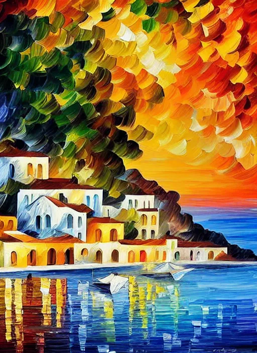 Image similar to beautiful seaside greek village in the style of leonid afremov