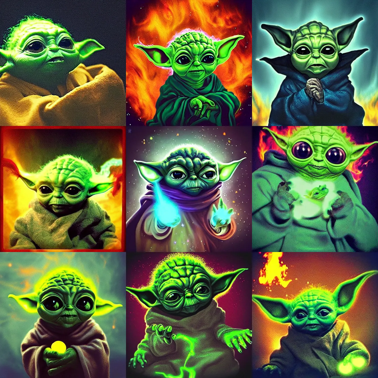 Prompt: “a terrifying lovecraftian cosmic baby yoda with dark yellow magic fire”