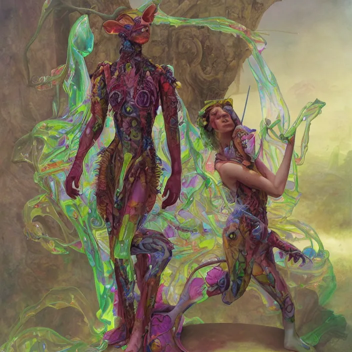 Prompt: a fashion editorial of elf lady as a brightly colored sphinx amphibian hybrid with wet translucent skin. wearing an growing organic exosuit. by tom bagshaw, donato giancola, hans holbein, walton ford, gaston bussiere, brian froud, peter mohrbacher and magali villeneuve. 8 k, cgsociety