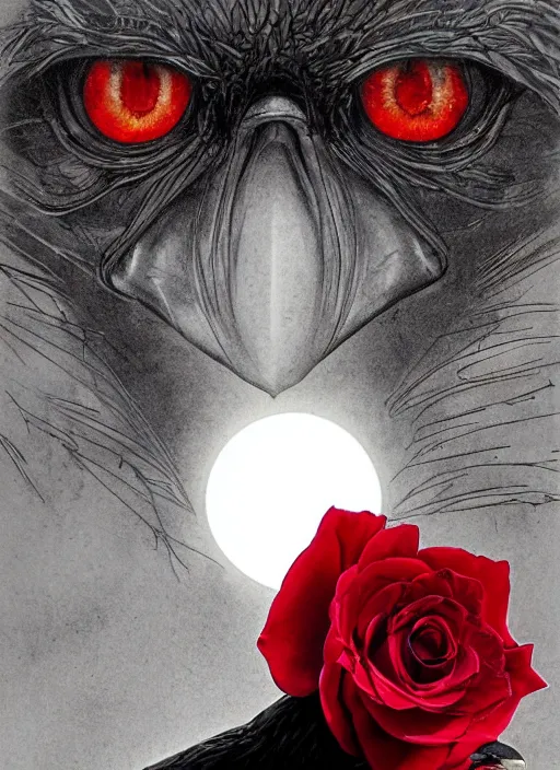 Prompt: portrait, A big crow with red eyes in front of the full big moon, book cover, red roses, red white black colors, establishing shot, extremly high detail, foto realistic, cinematic lighting, pen and ink, intricate line drawings, by Yoshitaka Amano, Ruan Jia, Kentaro Miura, Artgerm, post processed, concept art, artstation, matte painting, style by eddie, raphael lacoste, alex ross