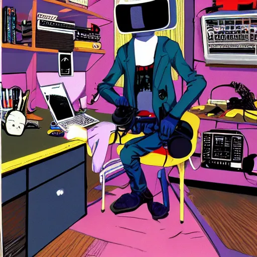 Prompt: goth computer nerd in a cluttered room wearing a vr headset, by jamie hewlett, anime,