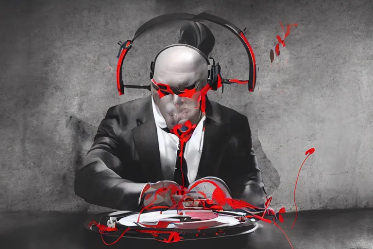 Image similar to an expressive portrait of agent 4 7 from hitman wearing headphones and putting a vinyl record onto a turntable, dark background, red rim light, digita, l