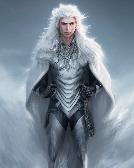 Image similar to portrait, beautiful male elf, long wavy white hair, super detailed, light black armor with silver accenting, silver jewelry, fur lined cape, 8 k, filmic, octane render, moonlight, snow, clouds, torch light on the right, artstation, greg rutkowski, rossdraws, william bouguereau, sharp focus