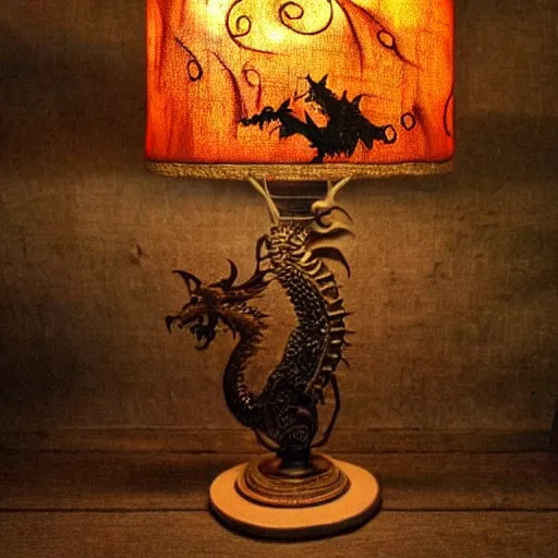 Prompt: a glowing lamp rustic and old looking with worn feel, lamp shade has dragons on it with are silhouetted because of the light, hyper detailed and realistic