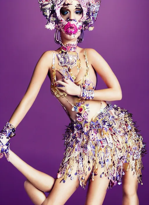 Prompt: katy perry styled by nick knight posing, full body shot, intricate headpiece, vogue magazine, canon, highly realistic. high resolution. highly detailed. dramatic. 8 k. 4 k.