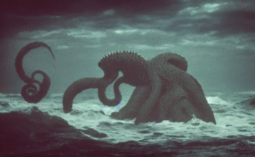 Prompt: cthulu rises from the sea, telephoto, cinematic