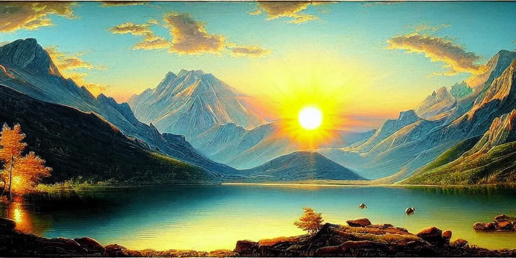 Image similar to a beautiful landscape, sun rises between two mountains, a lake in between the mountains, painting by john stephans, extremely detailed, hyper realism