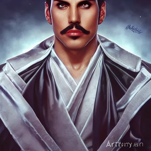 Image similar to ultra realistic freddy mercury from ryu from street fighter, portrait, 4 k, ultra realistic, detailed focused art by artgerm and greg rutkowski and alphonse mucha