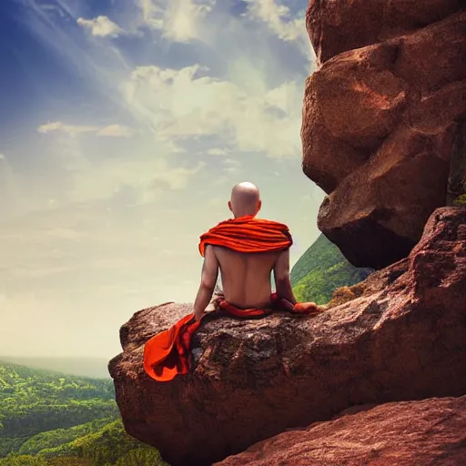 Prompt: a huge war monk sitting on a giant cliff, beautiful scenery, digital masterpiece