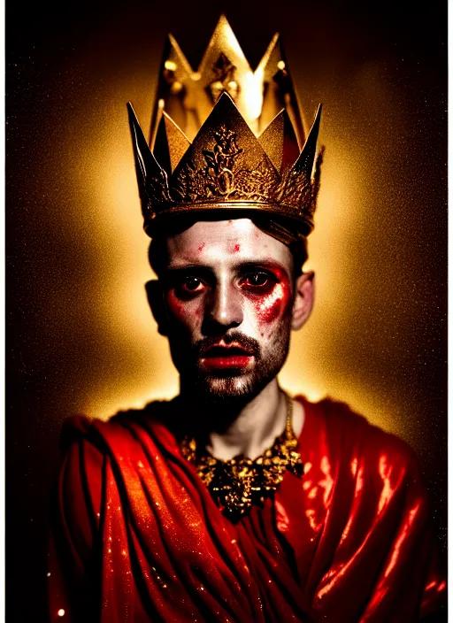 Image similar to 'Portrait of Crowned King Arthur' by Lee Jeffries royally decorated, whirling plasma, atmospheric motes, red and gold Sumptuous garb, gilt silk fabric, radiant colors, fantasy, perfect lighting, studio lit, micro details,