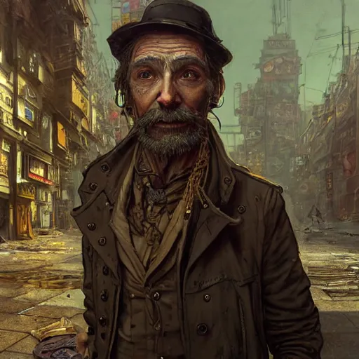 Prompt: A steampunk very detailed homeless person with highly detailed face on the street of a very highly detailed steampunk city art by Greg Rutkowski, neofuturistic highly detailed, digital concept art, Dimensional cyan gold natural light, sharp focus, Golden Ratio illustration, realistic concept art by Stephen Hickman and James Gurney and Hiromasa Ogura Ghost in the Shell rendered in Octane Render
