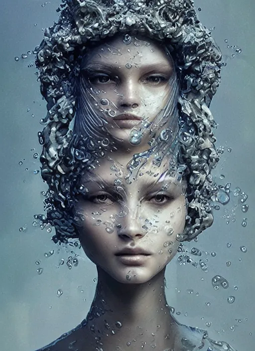 Image similar to sculpture made of water, portrait, future, shaman, harper's bazaar, vogue, magazine, insanely detailed and intricate, concept art, ornate, luxury, elite, elegant, trending on artstation, by ruan jia, by Kenneth Willardt, by ross tran, by WLOP, by Andrei Riabovitchev,