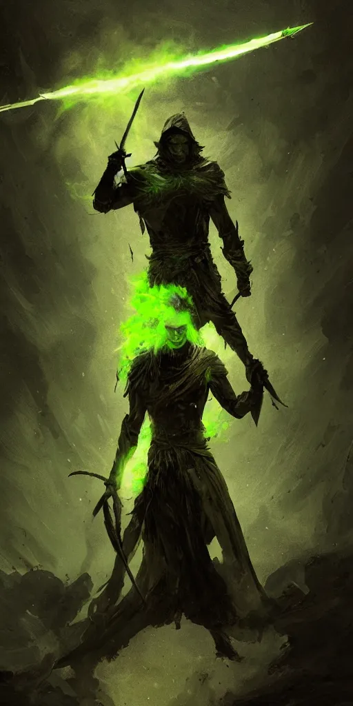 Image similar to a man with a missing an arm holding a spear made entirely of green fire wearing a leather cloak fighting a bad guy made of black smoke, dramatic lighting, cinematic, establishing shot, extremely high detail, photo realistic, cinematic lighting, post processed, concept art, artstation, matte painting, style by eddie mendoza, raphael lacoste, alex ross