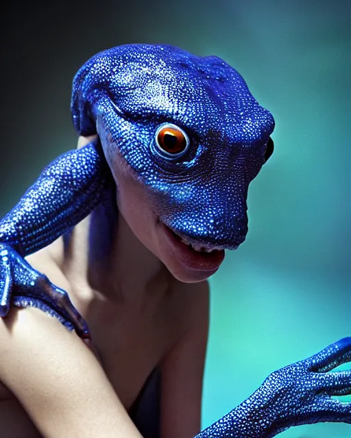 Prompt: blue amphibian alien girl, realistic photography,