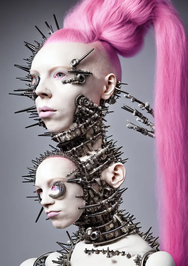 Image similar to portrait of a biomechanical goddess wearing a steel spikes studded iridescent beauty mask and pink hair buns, wearing a black bodysuit by alexander mcqueen, cream white background, soft diffused light, biotechnology, humanoid robot, perfectly symmetric, bjork aesthetic, translucent, by rineke dijkstra, intricate details, highly detailed, masterpiece,