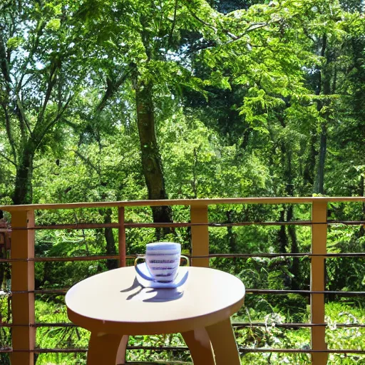 Image similar to in a small garden at the back of a family house, view of the forest at the edge of the garden, from the wooden terrace, a mug is placed on the plastic table on the terrace. summer sunny day. in the shade of the trees. 50mm.
