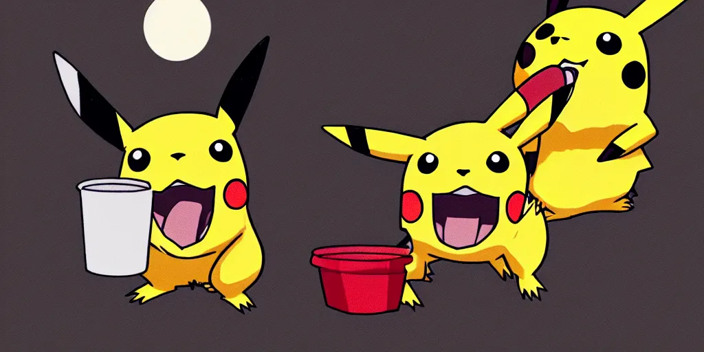 Image similar to pikachu devouring a dog sharp teeth burtal eyes scary mouth dark room red candles trash bin