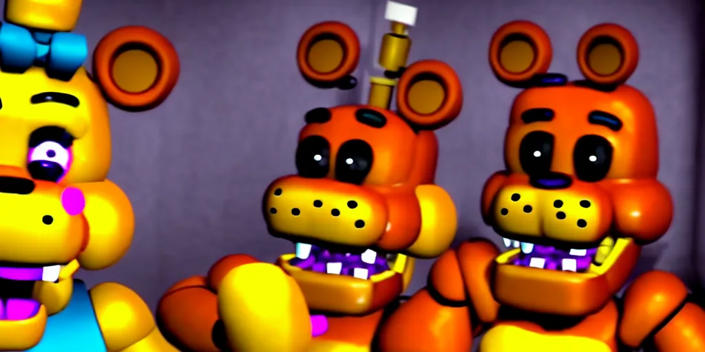 Prompt: fnaf five nights at freddy's gameplay screenshot mukbang