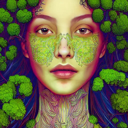 Image similar to the portrait of an unbelievably beautiful and sophisticated young woman made up of broccoli looking straight up, an ultrafine detailed illustration by james jean, intricate linework, bright colors, final fantasy, behance contest winner, vanitas, angular, altermodern, unreal engine 5 highly rendered, global illumination, radiant light, detailed and intricate environment