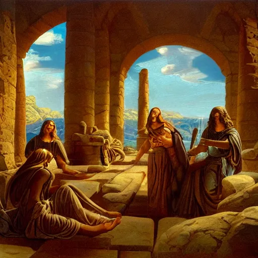 Image similar to Homeric mesmerizing inner sanctum of the most venerable and beautiful truth, in the style of Jeff Easley, Grant Wood, Ken Kelly, Élisabeth Vigée Le Brun, dramatic lighting, establishing shot, detailed and realistic faces, 8k resolution – W 1024