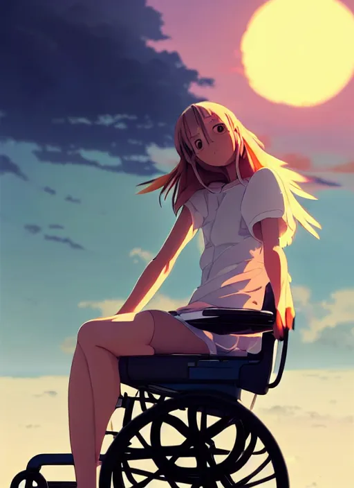 Prompt: side portrait of cute girl, sunset sky in background, beach landscape, illustration concept art anime key visual trending pixiv fanbox by wlop and greg rutkowski and makoto shinkai and studio ghibli and kyoto animation, futuristic wheelchair, symmetrical facial features, should eyes, future clothing, realistic anatomy, backlit