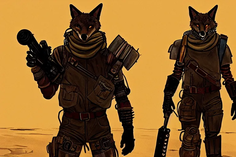 Image similar to a good ol'coyote fursona ( from the furry fandom ), heavily armed and armored facing down armageddon in a dark and gritty version from the makers of mad max : fury road. witness me.