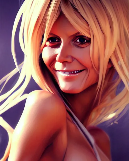 Image similar to portrait of Heidi Klum as Anime girl cute-fine-face, full body! pretty face, realistic shaded Perfect face, fine details. Anime. realistic shaded lighting by Ilya Kuvshinov Giuseppe Dangelico Pino and Michael Garmash and Rob Rey