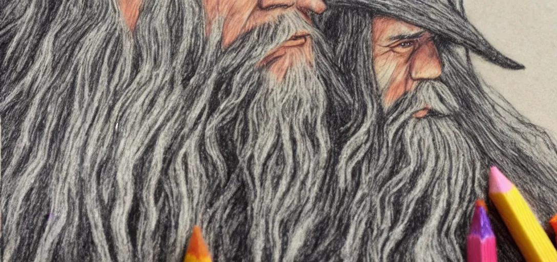 Image similar to Gandalf poorly drawn in wax crayon by a five-year old