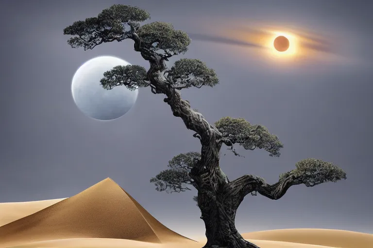 Image similar to cinematic fantasy landscape painting, an eclipse, over an autumn maple bonsai growing alone on a desolate sand dune in front of a primordial mountainous desert landscape of bones by hr giger and jessica rossier